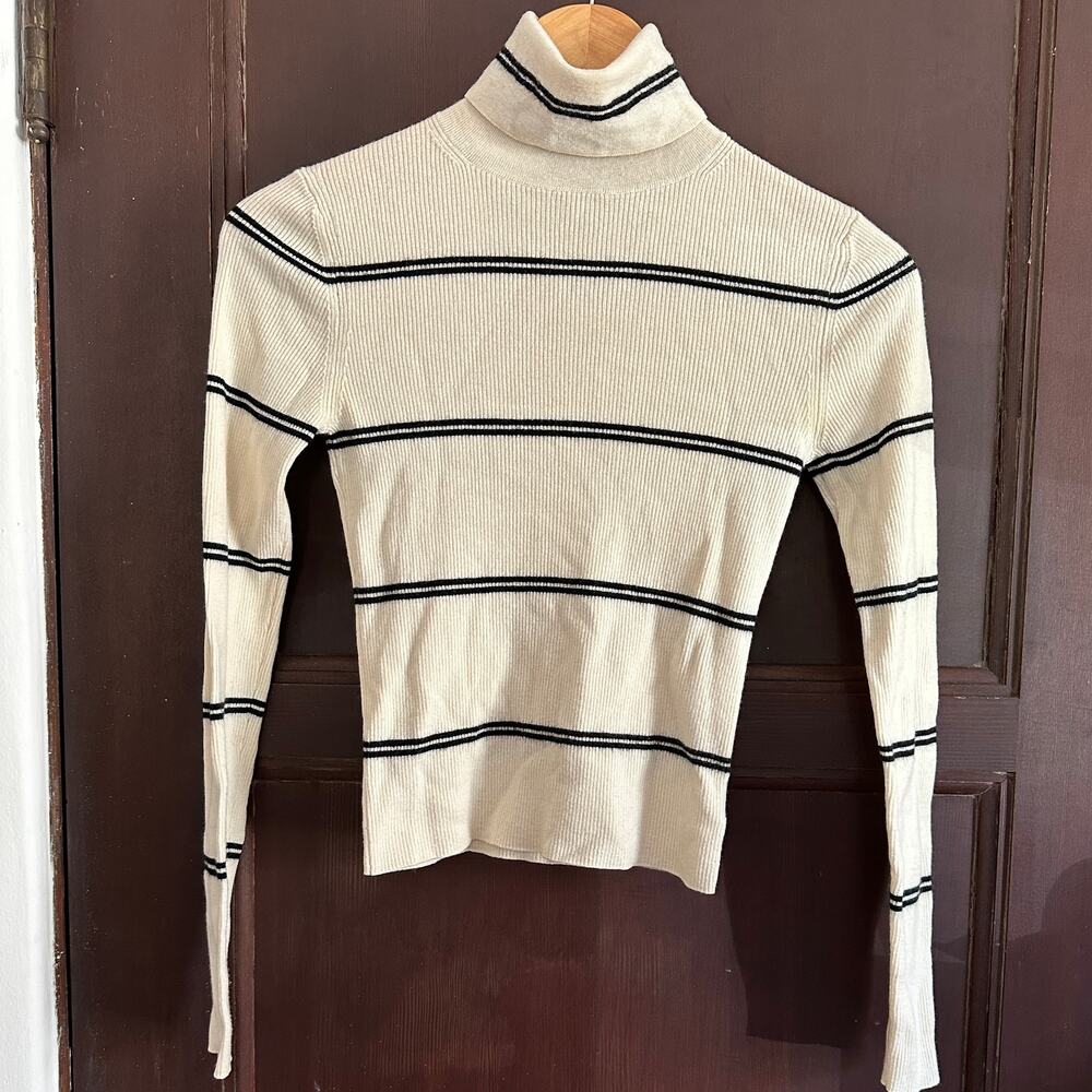 Theory Cream and Black Striped Turtleneck Sweater